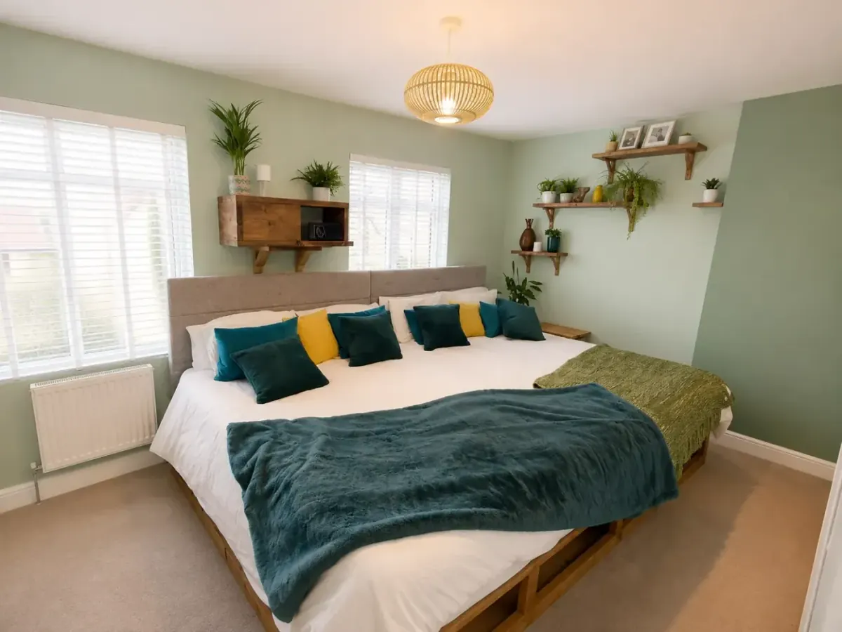 Chambre parentale achevée avec lit sur-mesure & déco